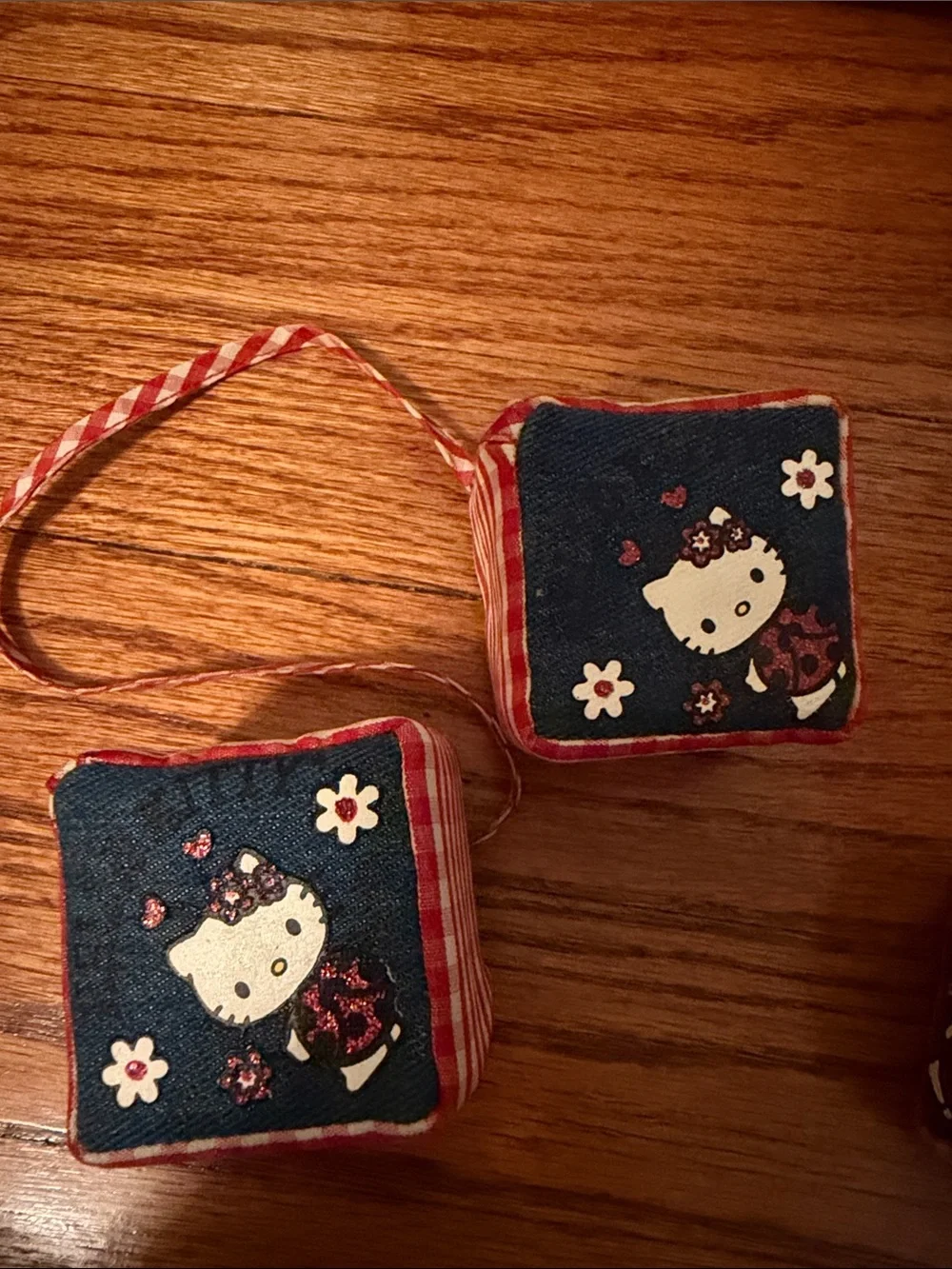 Hello Kitty Red Gingham and Denim Decorative Pillow with Hanging Dice